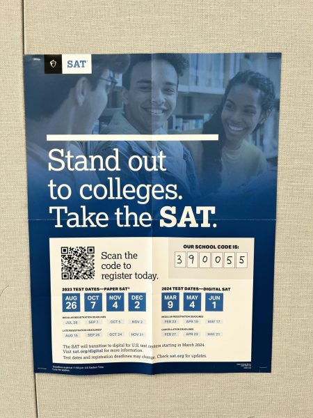 SAT. Posters advertising the Scholastic Aptitude Test are hung around the school. These advertisements are simply to generate wealth for the College Board.