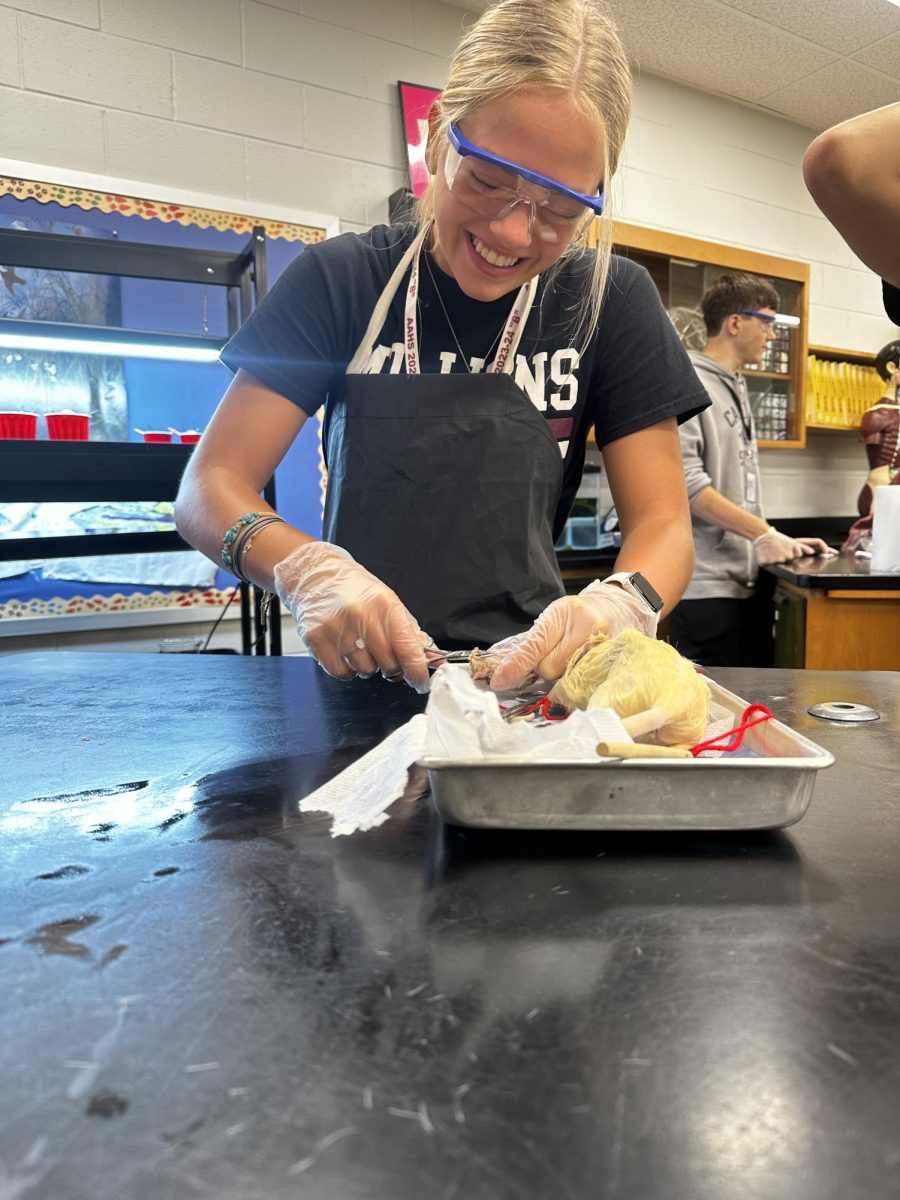 Safety first. Junior Hailey Woomer was given the opportunity to dissect a rat in her anatomy class. The classes were given directions and tools to locate internal organs of the rat.