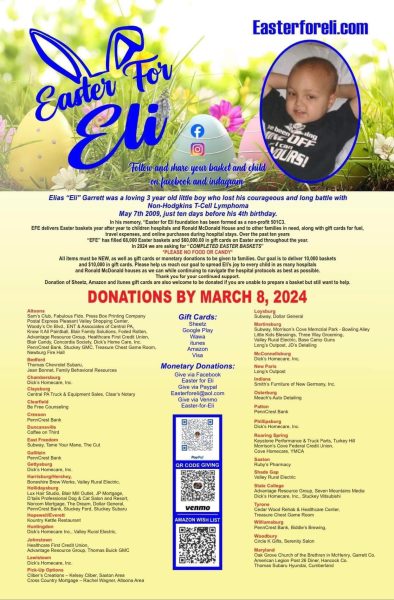 Giving back. Easter for Eli is a non-profit fundraiser that goes to help families who are overcoming hard times in the hospitals. Students can donate during lunches this week to make these baskets.