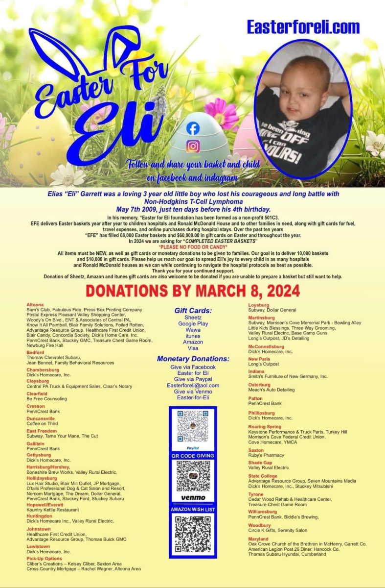 Giving+back.+Easter+for+Eli+is+a+non-profit+fundraiser+that+goes+to+help+families+who+are+overcoming+hard+times+in+the+hospitals.+Students+can+donate+during+lunches+this+week+to+make+these+baskets.