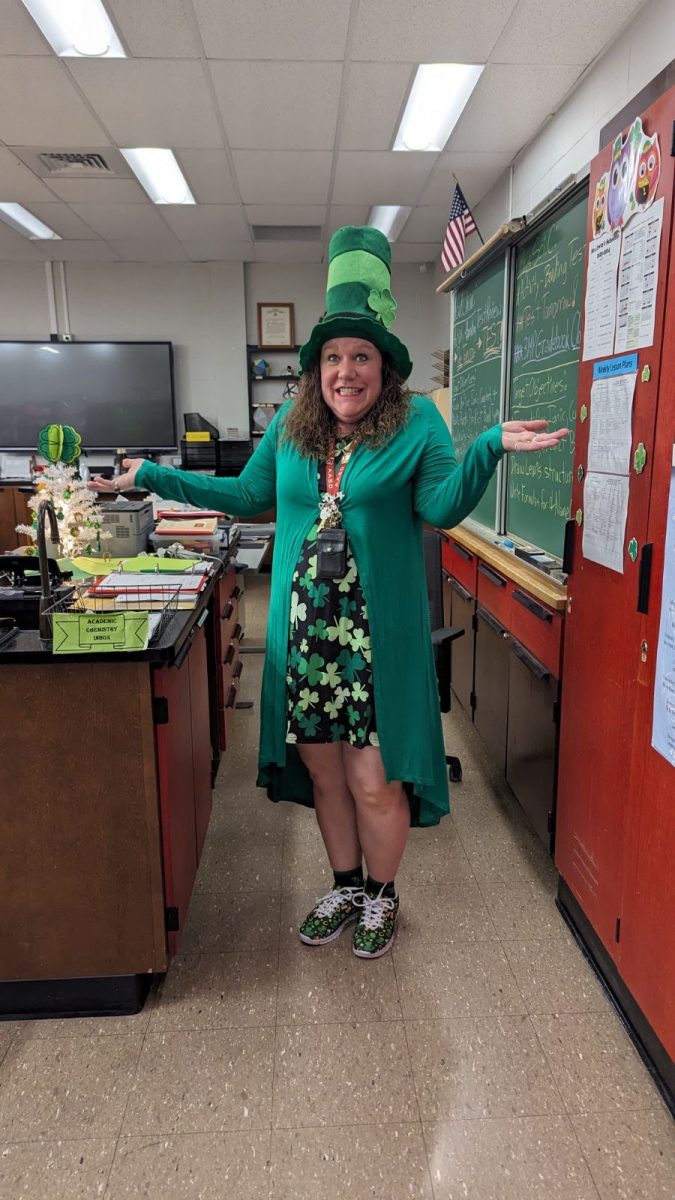 Celebration.+Biology+teacher+Paula+Irwin+dresses+up+in+honor+of+St.+Patricks+Day.+