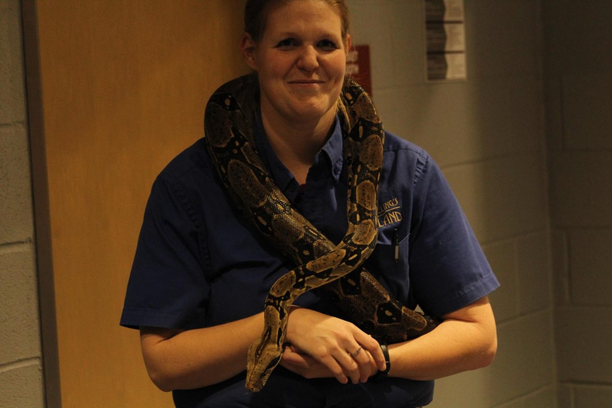 Reptile Research. Zookeeper poses holding a python on April 22. She came into the school to teach Biology and Life Science students about different reptiles. She brought scorpions, snakes, iguanas and a small crocodile. 
