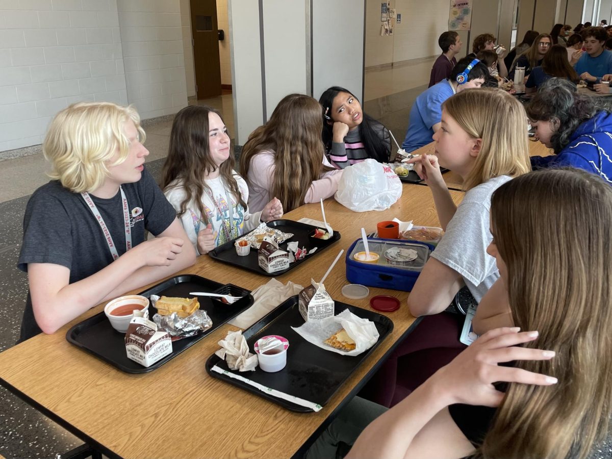 Lunch time. Freshmen spend time with one another during lunch. Students ate and talked with their friends about weekend plans and upcoming events. 