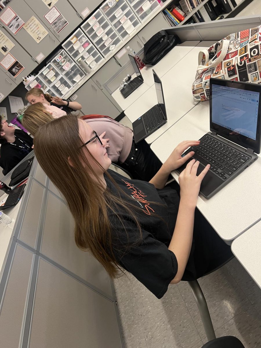 Getting it done. Freshman Emmalee Martyak works on her story for the Mountain Echo. The year is quickly wrapping up for news writing students. 