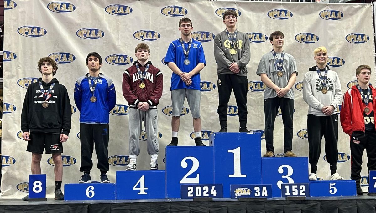 On+the+Podium.+Junior+Luke+Sipes+stands+on+the+Podium+after+placing+fourth+in+Hershey+for+the+State+tournament.+Sipes+has+placed+at+States+since+his+Freshman+year.