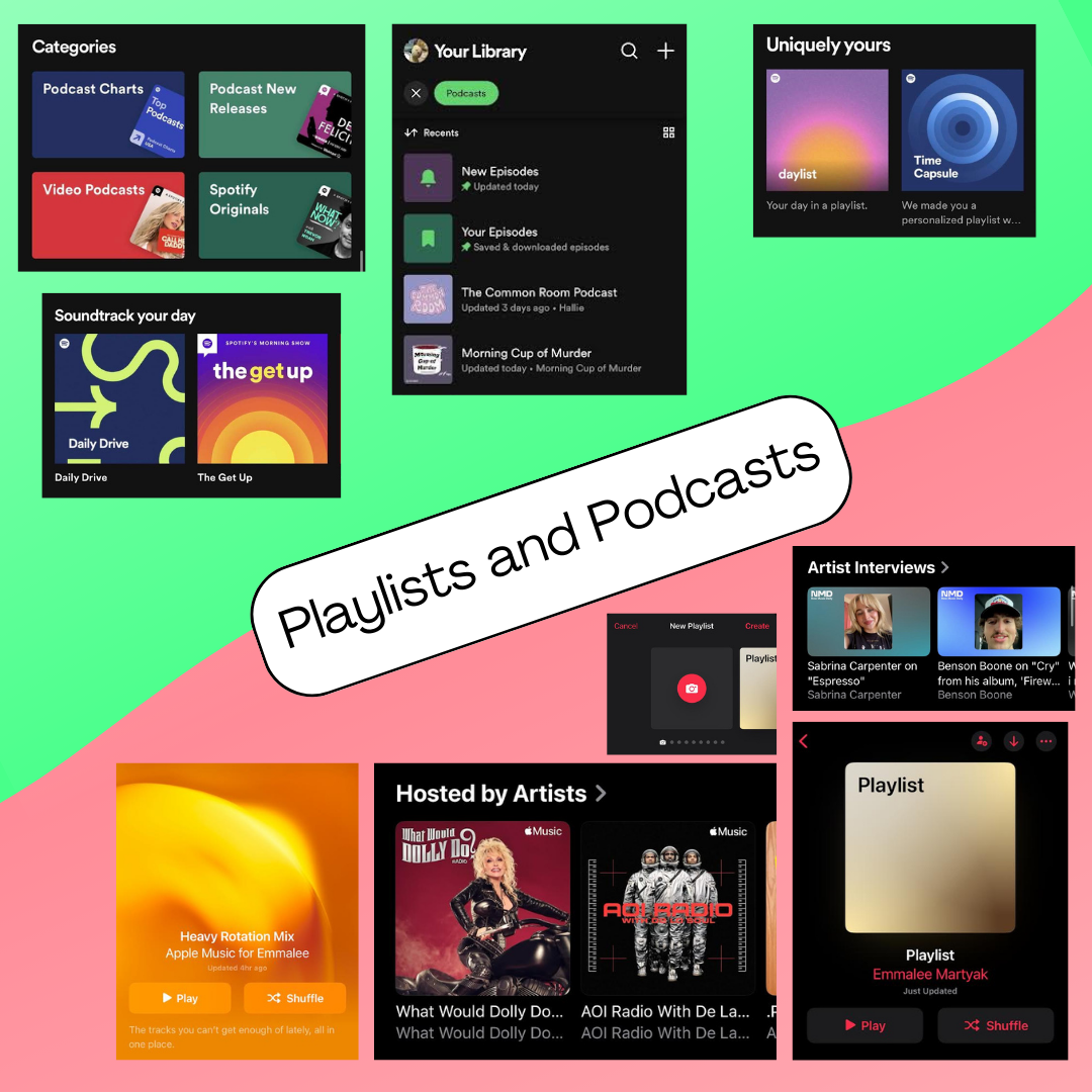 Press play. Spotify and Apple Music have similar varieties of playlists. However, the two contrasted in the podcast department.
