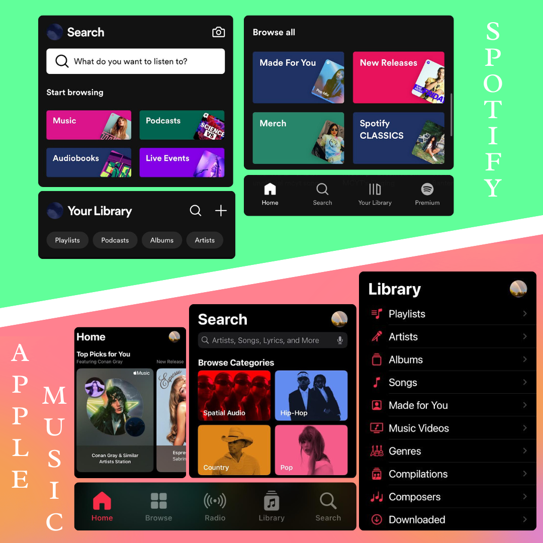 Navigating the net. The differences between Spotify and Apple Music in looks are easy to see. Still, Spotifys signature bright green opposed to Apples cool red shows their rivalry better than anything else.
