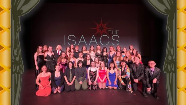 Closing the door on Joseph. The drama department poses for a photo after winning seven awards at the Isaacs. 
(Courtesy of Ben Cossitor)