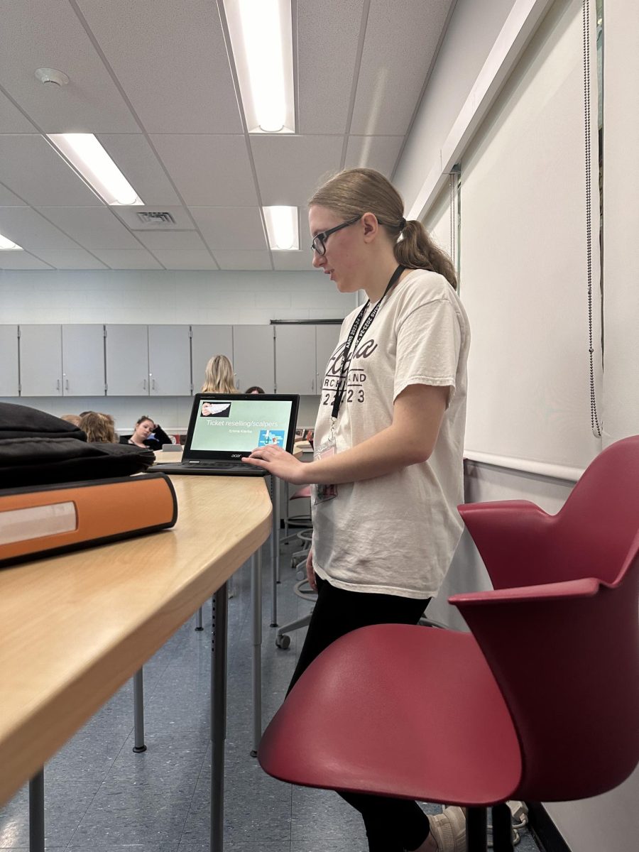 The final stretch. Senior Emma Kianka finishes off her last project in her English class before graduation. Students in Mr. Mccarters English class were given a research and presentation project as the last grade for this class.