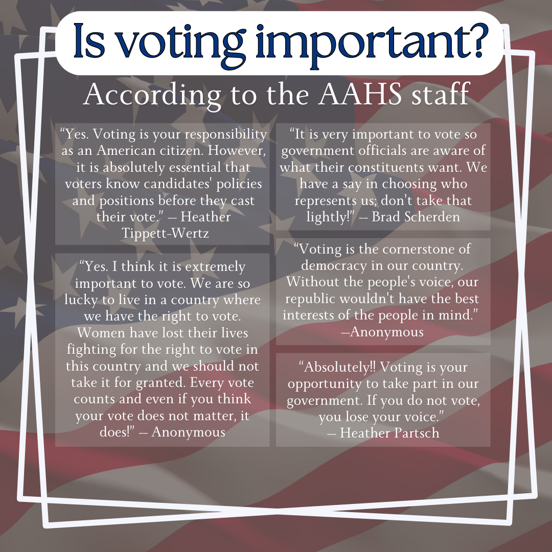 Your civic duty. AAHS staff members encourage students to vote in the general election. (Made with Canva)