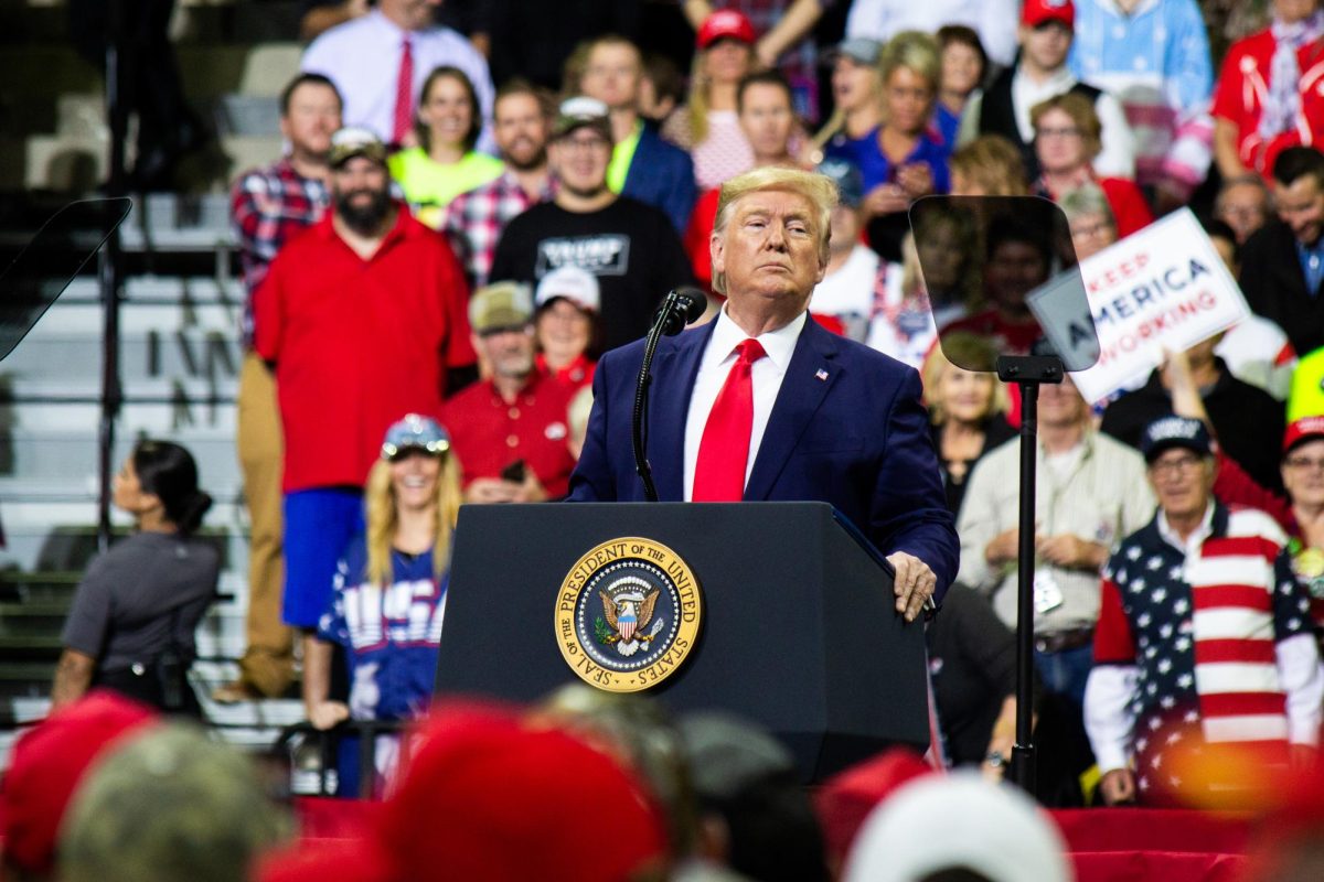 Election. President Donald Trump addresses the crowd at Target Center in Minneapolis, MN, for his 2020 presidential campaign rally on October 10, 2019. Photo by Nikolas Liepins.