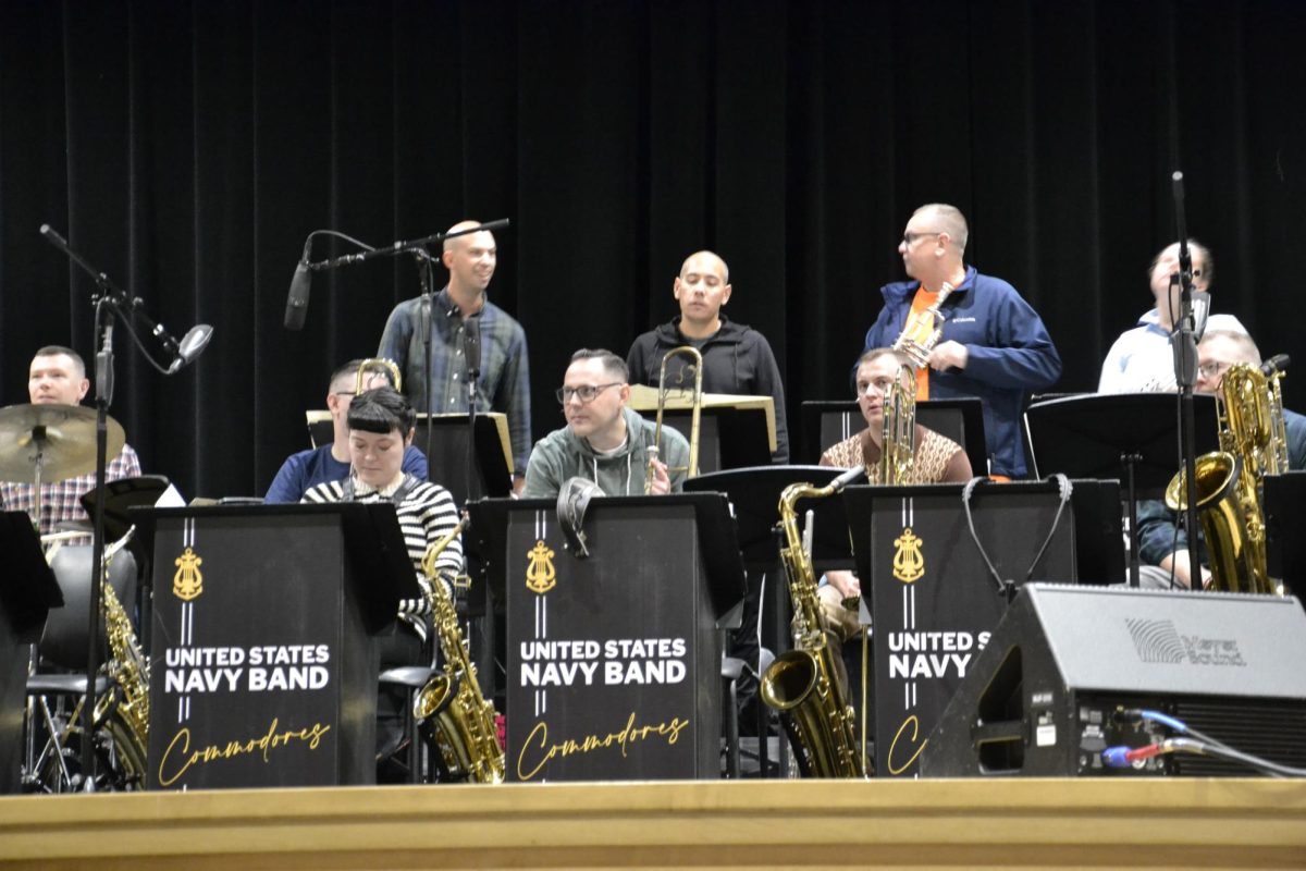 Warming up. Navy Commodores do a dress rehearsal before performing on Oct. 18. 