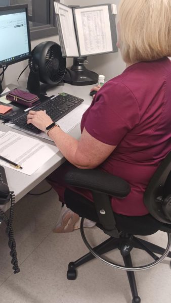 Nurse Paula Dibert checks her computer as she checks to see how many students have visited so far this year.