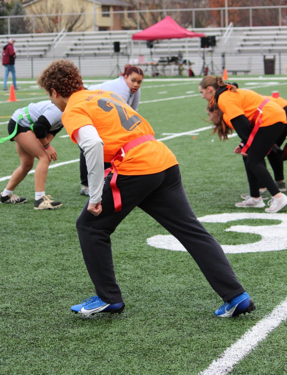 Stay focused. Senior CJ Romanowicz prepares to make a play. Romanowicz played for Stuffin' Stompers, alongside his friends. 