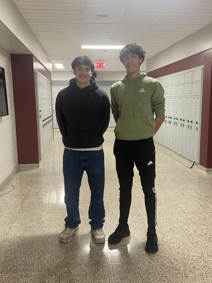 Standing proudly. Lesse Brucksche and Guillermo Pezzi Arroyo stood outside their English class with Jessica Patton. Brucksche and Arroyo are exchange students this year.