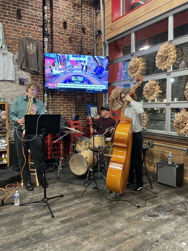 Playing the Blues. The Seth Goheen Trio performed at Levity Brewing Co. on Dec. 6. The performance was their first paid gig. (Courtesy of Seth Goheen.)