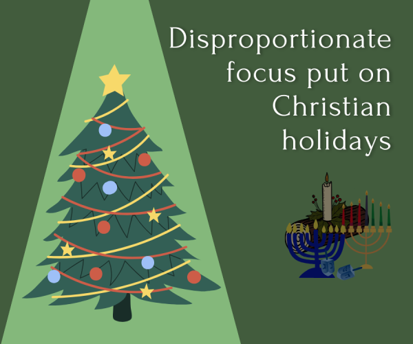 In the spotlight. Christmas is seemingly thee main focus of the "holiday season." Though many deny this, when the switch started to be made from "merry Christmas" to "happy holidays," many felt upset. 