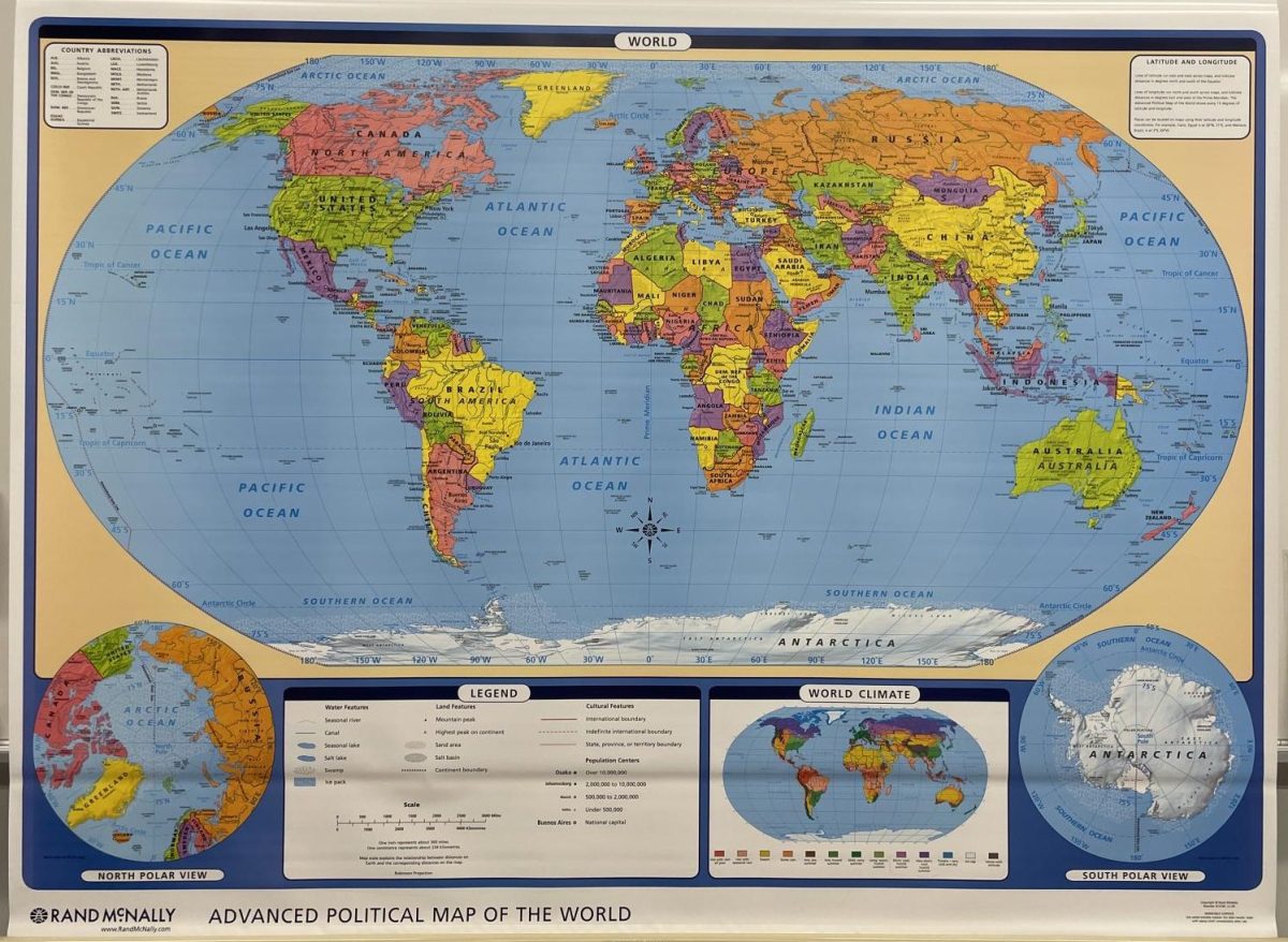 Fake. The map in social studies teacher Shane McBurney's classroom shows seven continents. 