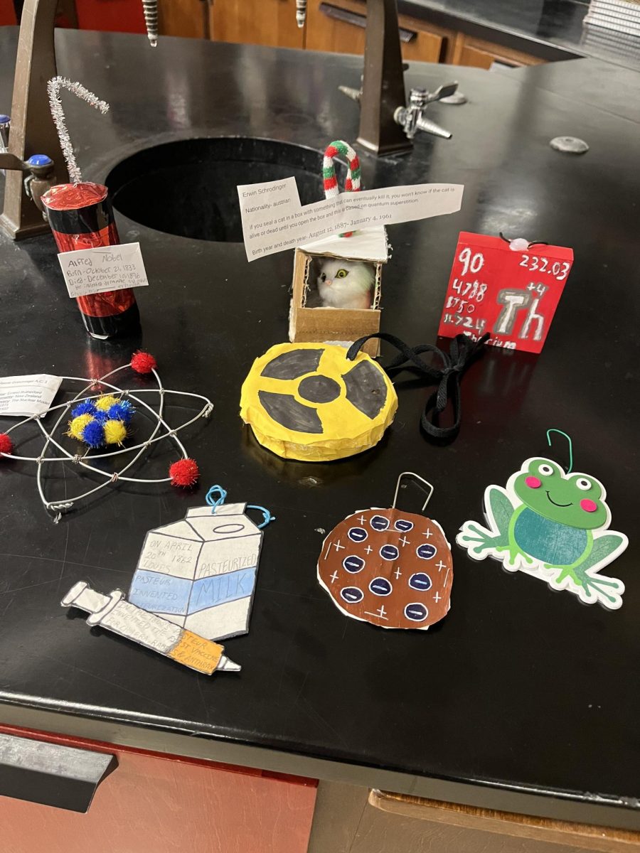 Happy Holidays. The science department displays their homemade ornaments based on their scientist they chose to research. 