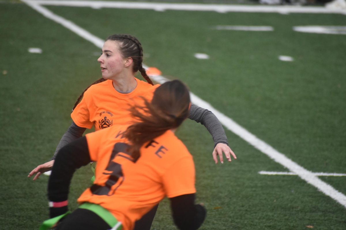 Run Rachel, run! Senior Rachel Kennedy is locked in during the Turkey Bowl. Kennedy was on Stuffin' Stompers. 