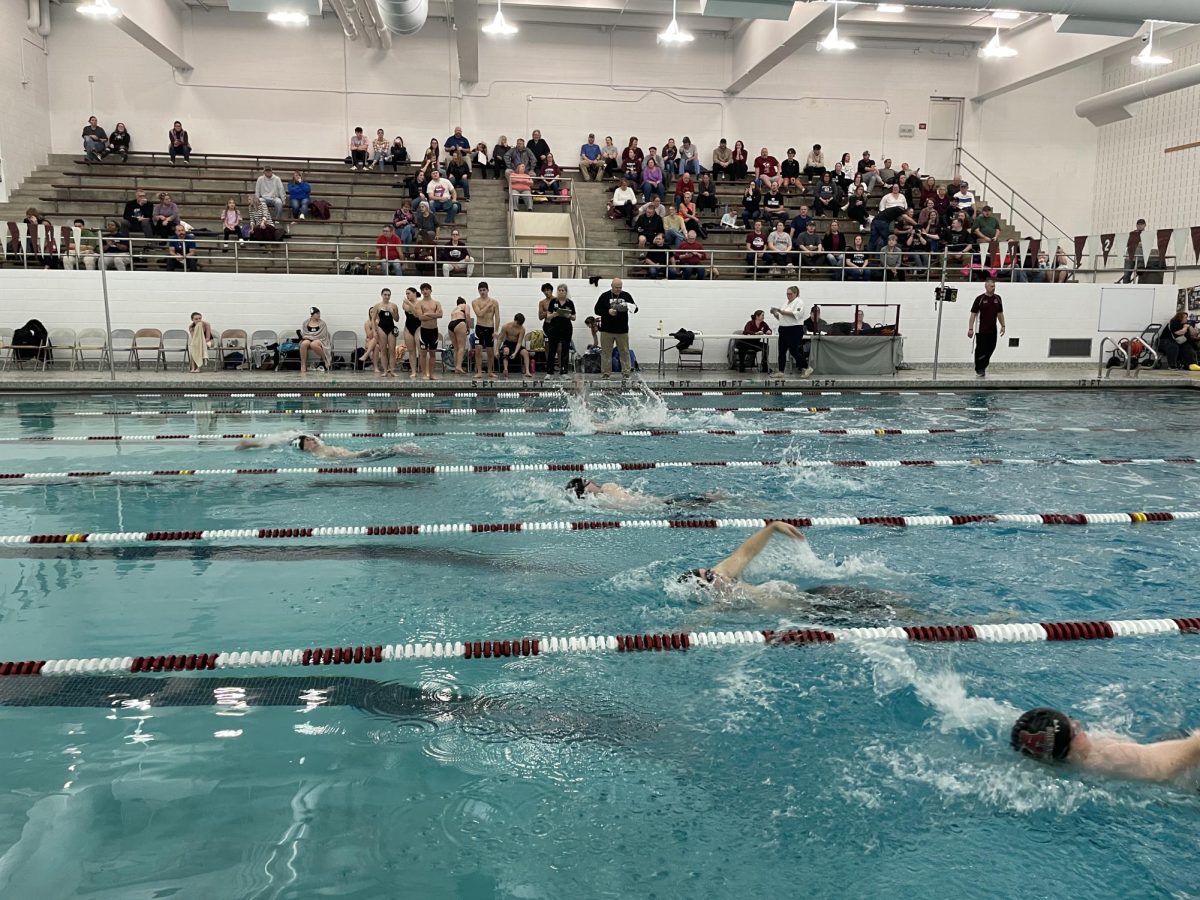 Final stretch. Swimmers push through their last 50 or so yards of the 100 yard backstroke race.