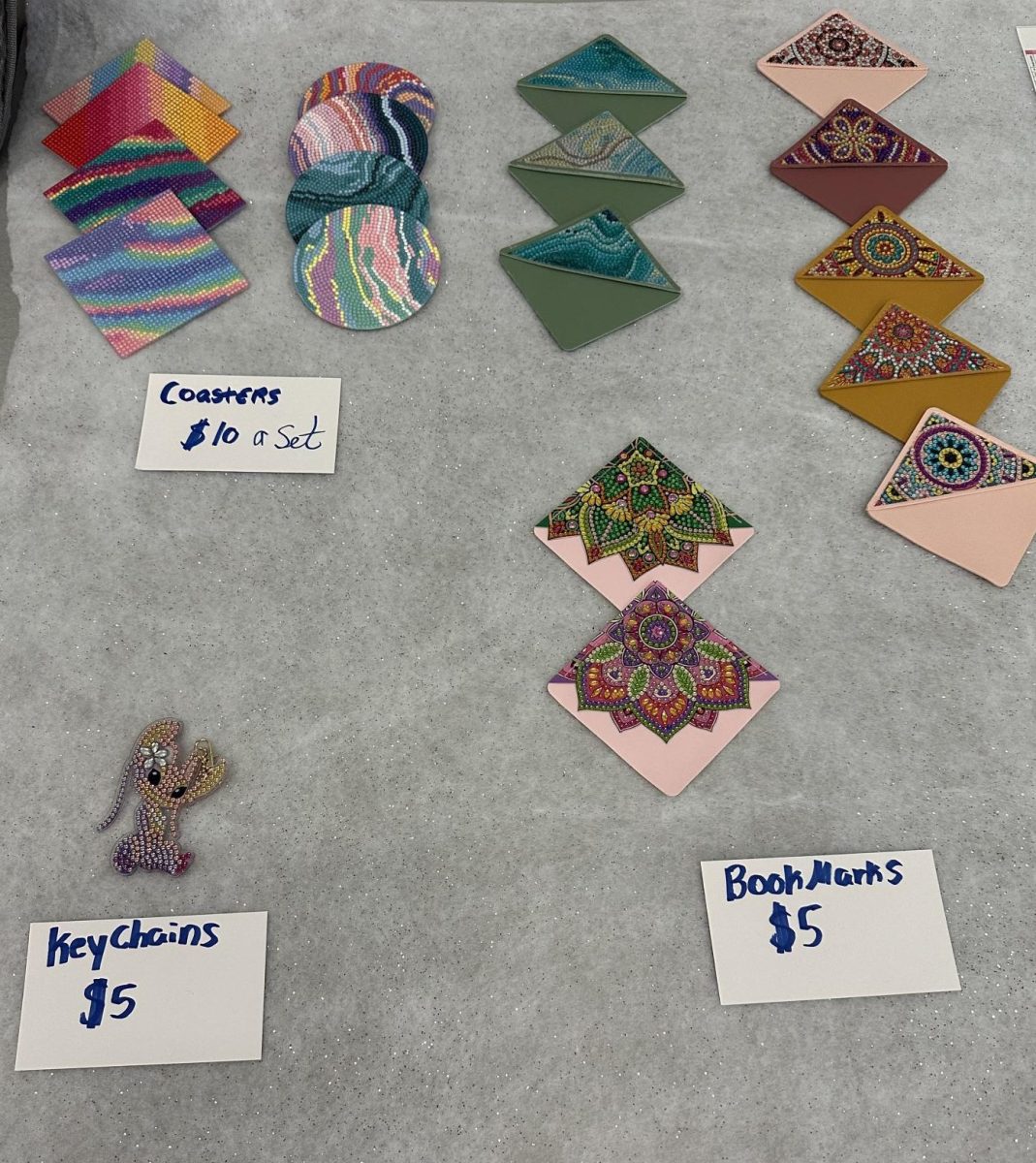 Selling Out. Betsy Giansante and Regina Schobel's class created and sold diamond art right before Christmas break. The class created keychains, bookmarks, coasters and prints. 