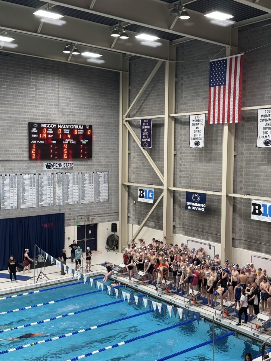 Swimmers from all teams practice their dives. 