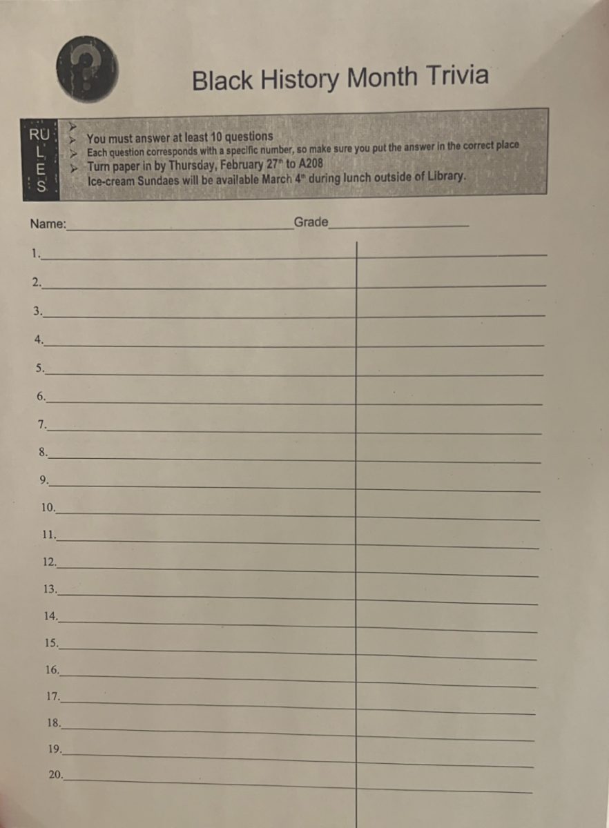 Trivia Test. Black Student Union sets flyers outside of room A208 for the scavenger hunt. If students return it with at least 10 questions answered, they are invited to Sundae Dinner on March 4. 