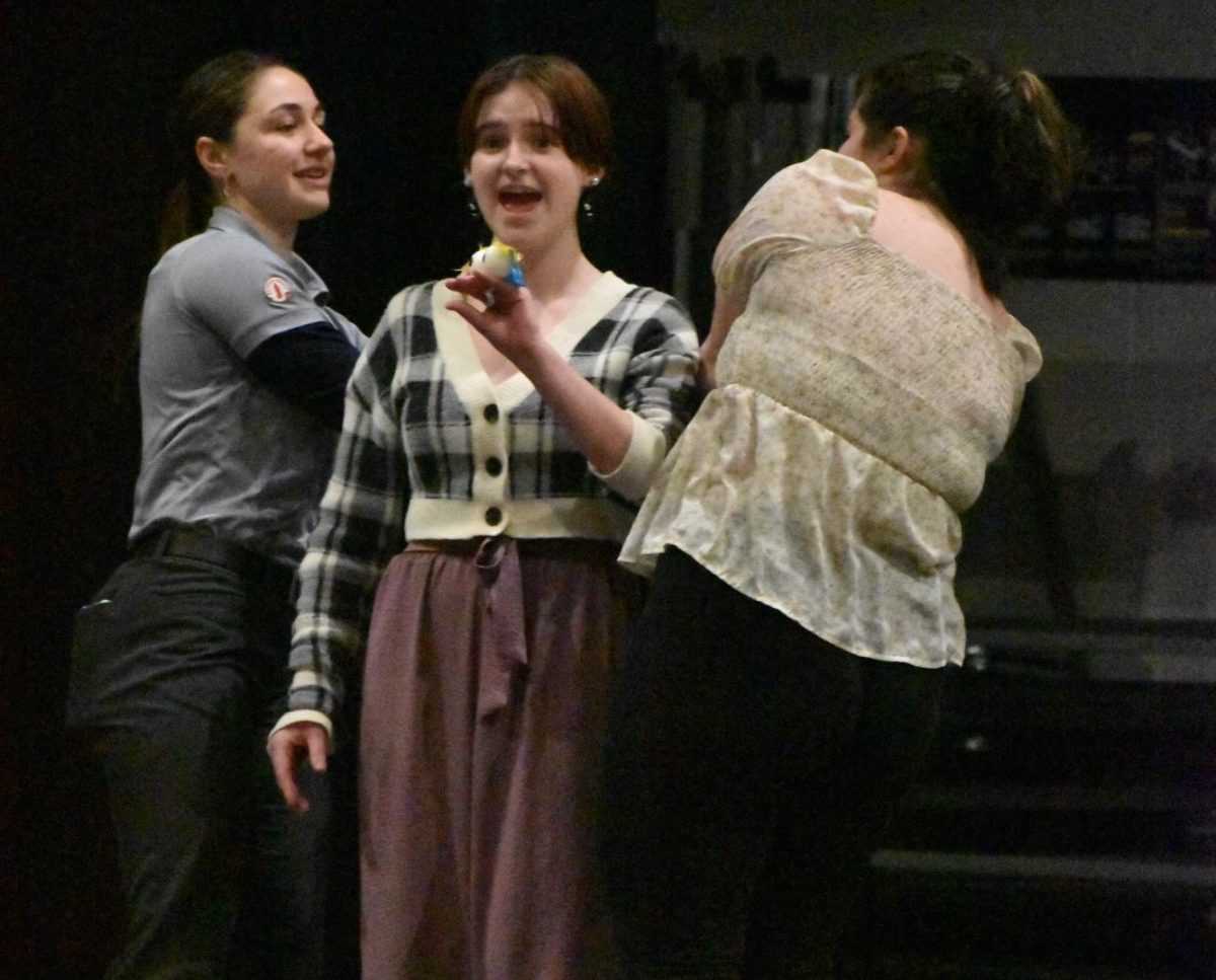 Under the sea. Senior Karinna Wolfe, Krug and junior Madison Aboud rehearse a scene at rehearsal.