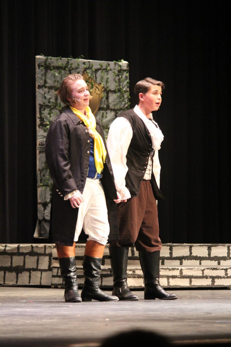 Dazzling Dylan and Dominic. Eighth graders Dominic Sparacino and Dylan Hawksworth play Gaston and LeFou from Beauty and the Beast. This musical took place at the junior high. 
