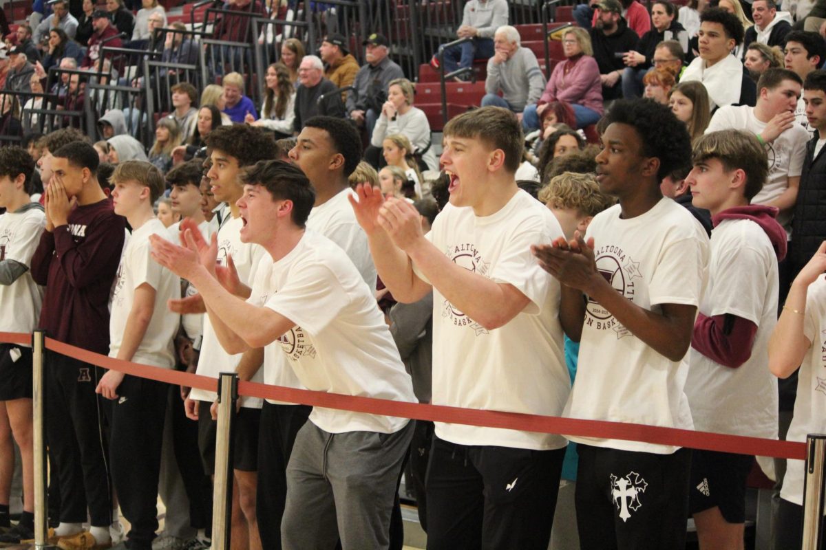 Cheer. Senior MJ Harrington and junior Parker White cheer on the team along with many other students. Physical Education teacher Tom Palfey handed out free shirts to students in attendance. 