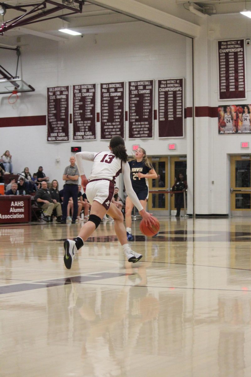 Hustle Hudson. Freshman Brionna Hudson runs down the court. This is her first year on the team. 