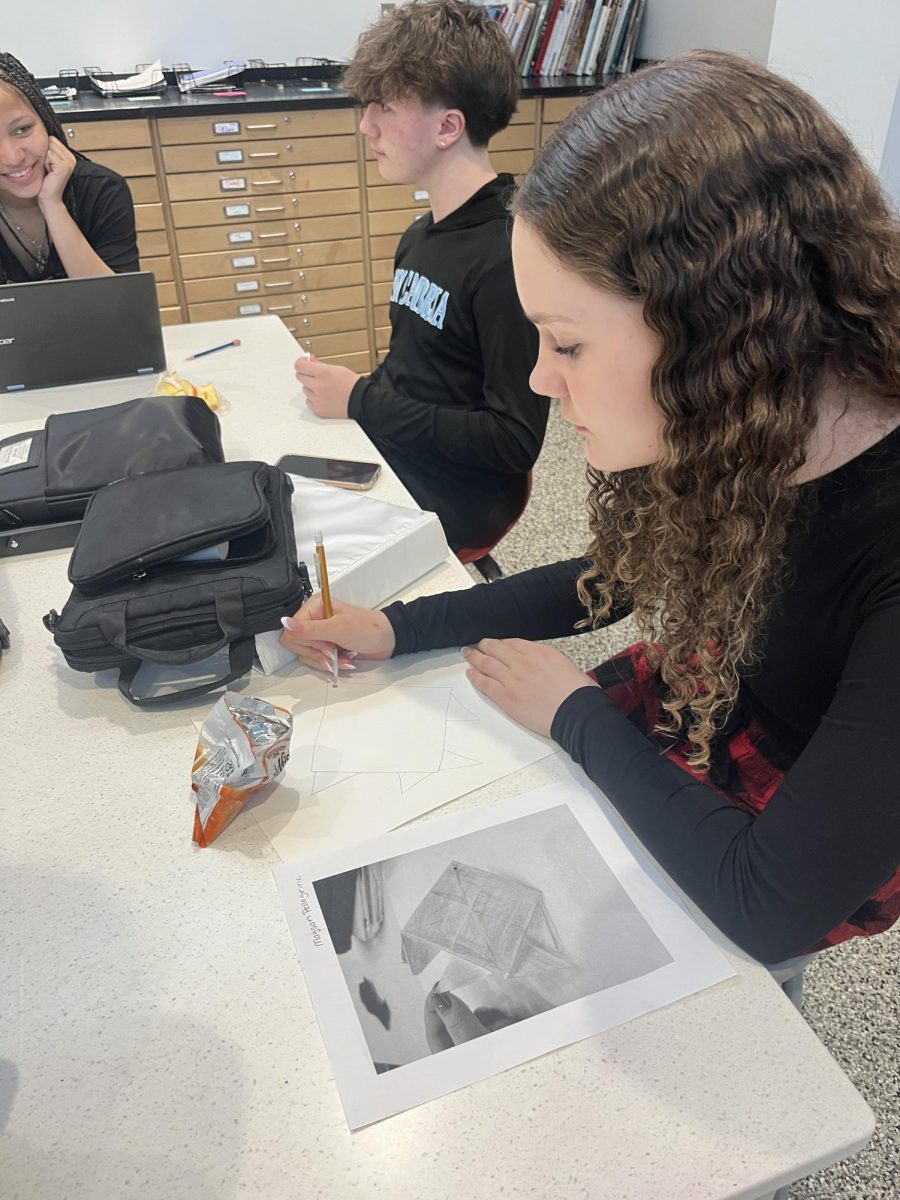 Freshmen Mayson Pellegrine works hard on her art project.