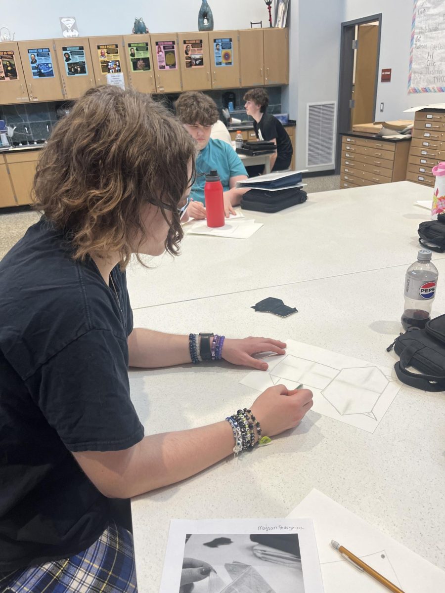 Freshmen Leauna Lauver works hard on her art project.