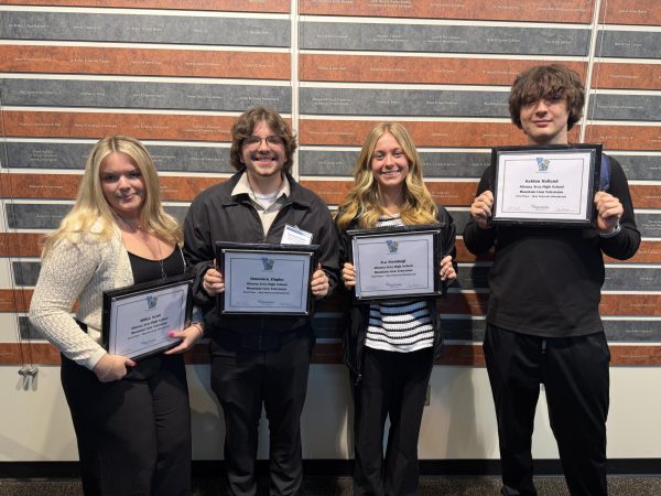 All smiles. Adilee Scott, Dominick Zlupko, Ava Steinbugl and Keldon Holland were on-hand to receive the first place plaques. Mark Harrington and Carmine Polito were also part of the Best Newscast team. (Courtesy of Mike Baker.) 

