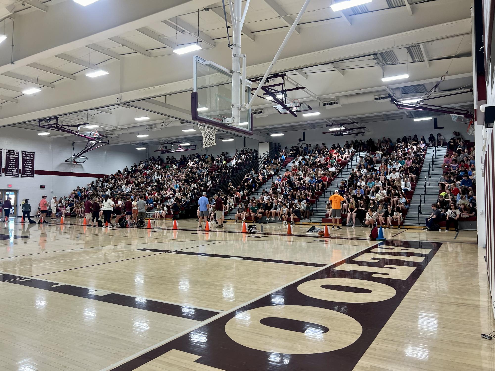 The 2023-2024 Canoe Creek trip when all the student filled the gym to be put in their line to get on their buses 