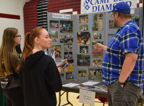 Seniors Ella Beecham and Savanna Coho take part in the opportunity fair for juniors and seniors during their fifth period class. 