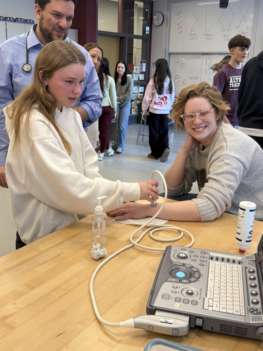 Career fun. The UPMC residents teach students how to give an ultrasound. The residents  set up a workshop for the Human Body System students.