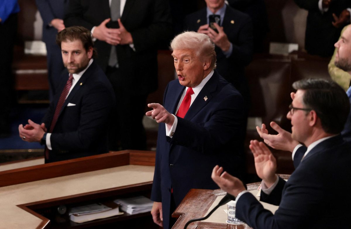 U.S. President Donald Trump points during the State of the Union address to a joint session of Congress at the U.S. Capitol in Washington, D.C., U.S., February 24, 2026.  REUTERS/Evelyn Hockstein
