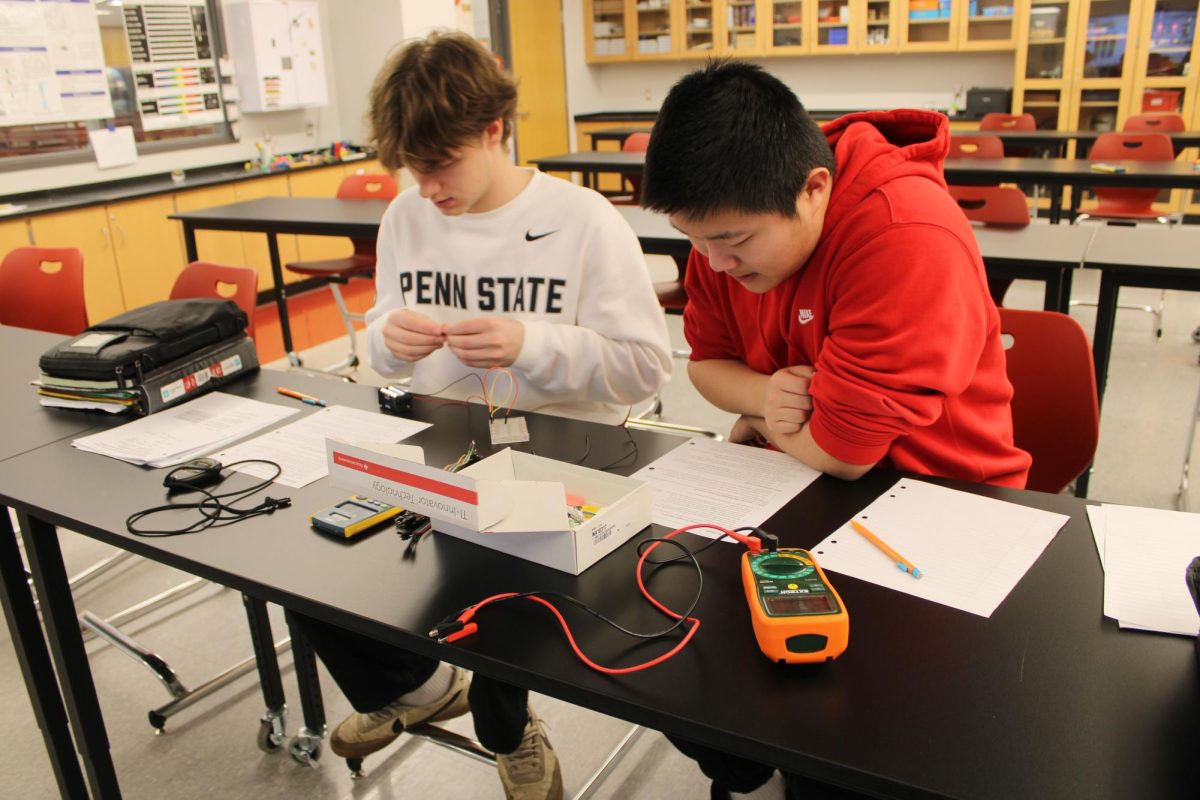 Jamin Dong and Owen Piper sit side by side in AP Physics during second period. Both students worked on the RC Circuit Lab.