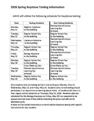 The Keystone test taking schedule for 2026