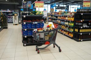 A shopping cart is seen full of goods in a super market in Athens, Greece, March 13, 2020. REUTERS/Constantina Peppa