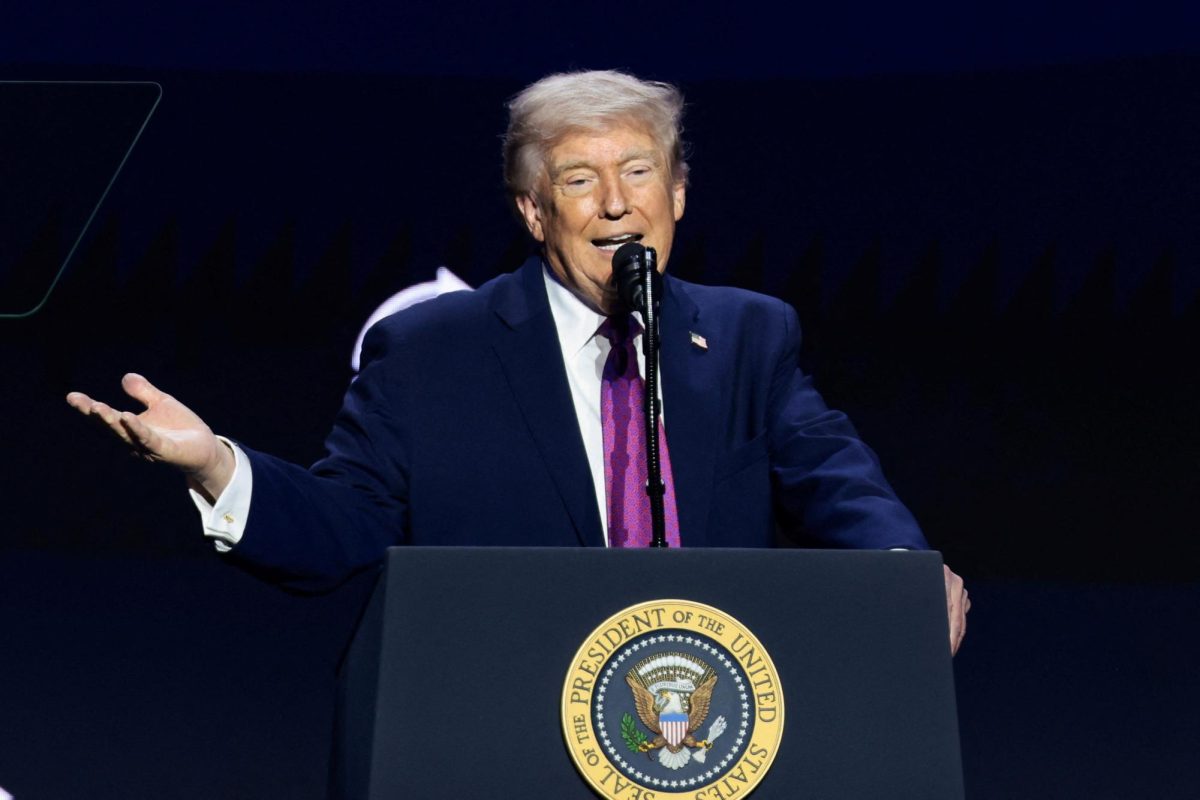 U.S. President Donald Trump speaks during a Turning Point USA event at Dream City Church in Phoenix, Arizona, U.S., April 17, 2026. REUTERS/Evelyn Hockstein