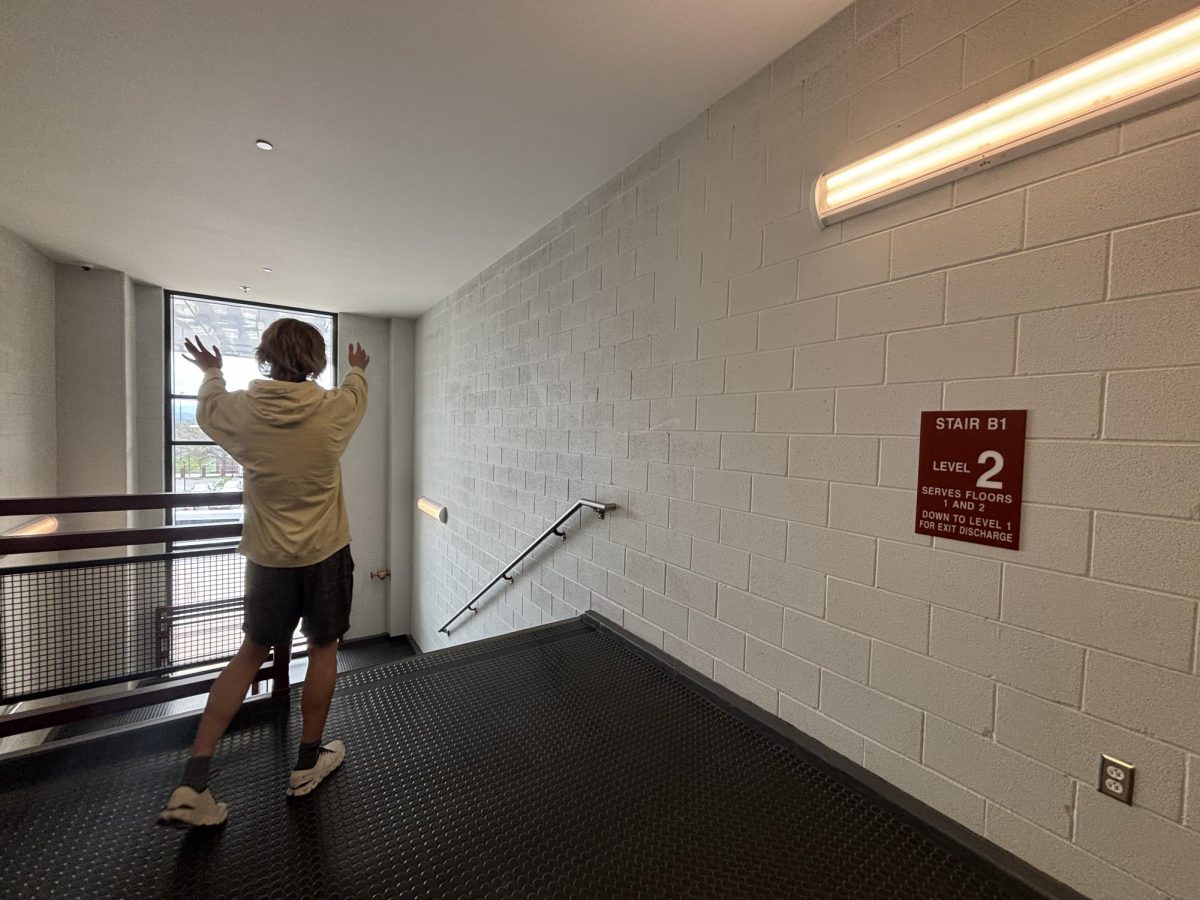 Senior Braxton Eckenrode admired stairwell B1. The stairwell features a view out toward the packing lot and direct access to music classrooms. 