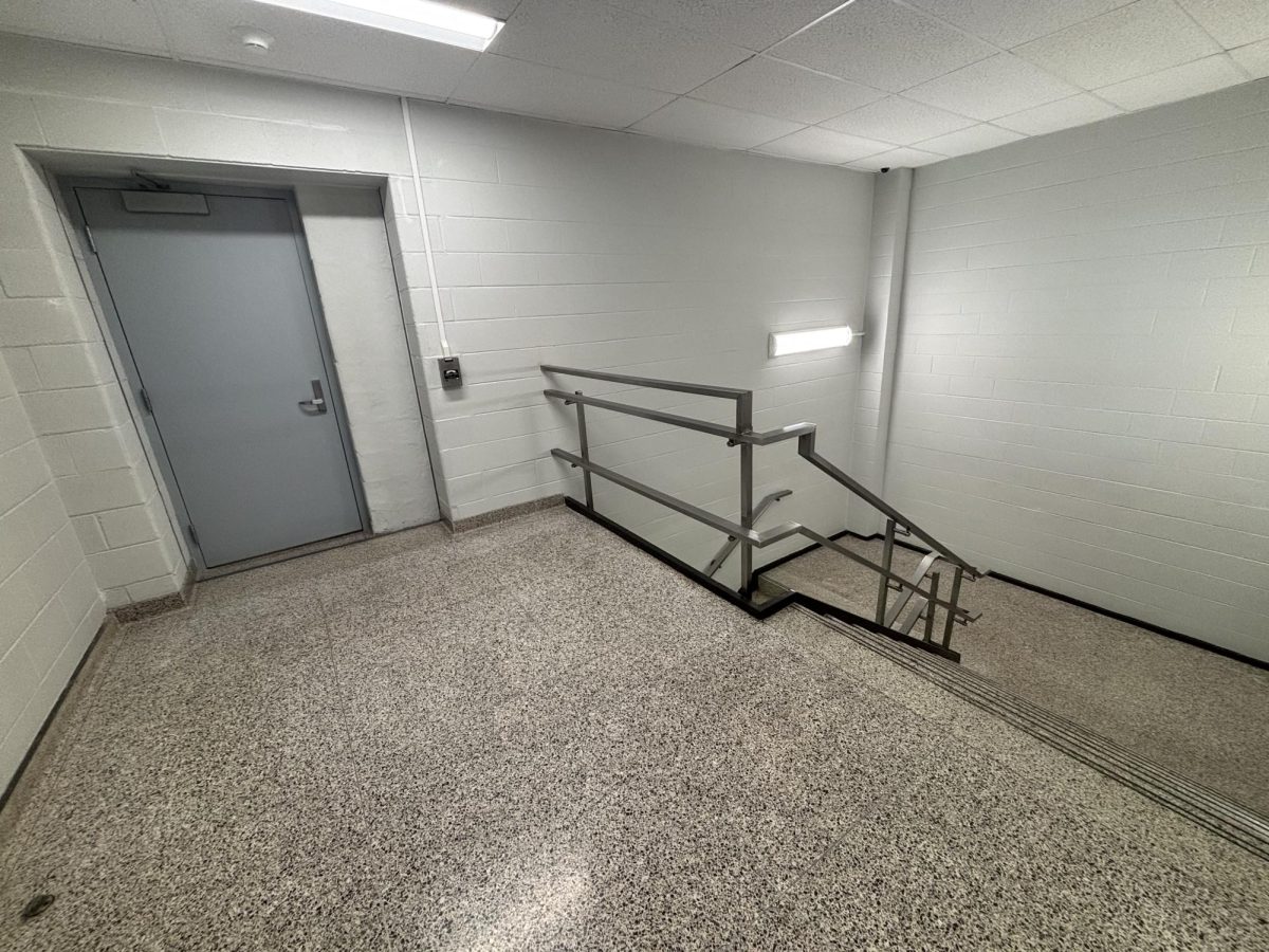 Secluded and serene. The A stairwell is a hidden gem, providing access to foods, the closed cafeteria and the fieldhouse lobby. 