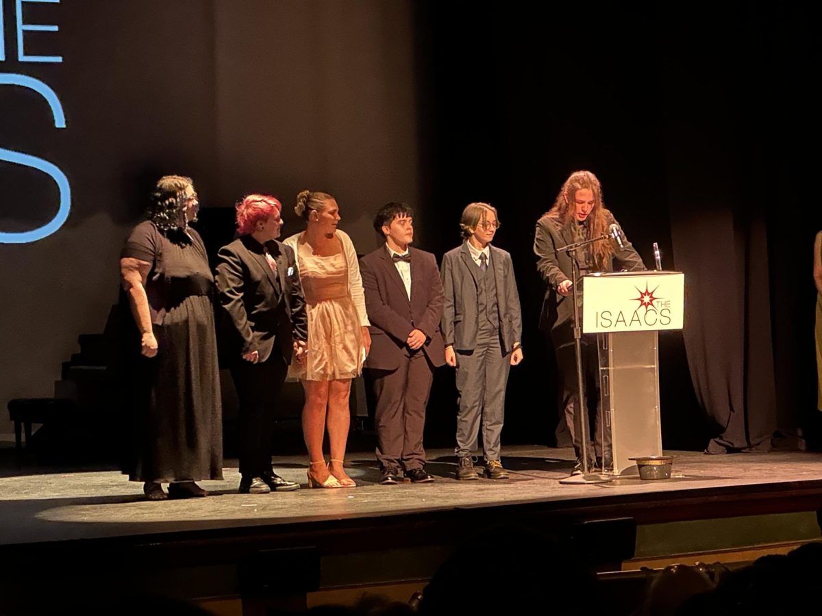 Attisen Batten speaks on behalf of the crew members who won Best Stage Crew.